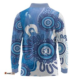 NAIDOC Week 2026 Long Sleeve Polo Shirt 50 Years Deadly Dhari Blue Aboriginal Art LT14