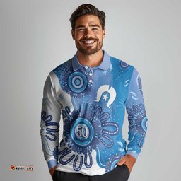 NAIDOC Week 2026 Long Sleeve Polo Shirt 50 Years Deadly Dhari Blue Aboriginal Art LT14