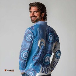 NAIDOC Week 2026 Long Sleeve Polo Shirt 50 Years Deadly Dhari Blue Aboriginal Art LT14