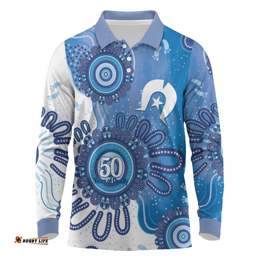 NAIDOC Week 2026 Long Sleeve Polo Shirt 50 Years Deadly Dhari Blue Aboriginal Art LT14