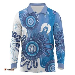 NAIDOC Week 2026 Long Sleeve Polo Shirt 50 Years Deadly Dhari Blue Aboriginal Art LT14