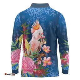 Australia Christmas Pink Cockatoo with Banksia Long Sleeve Polo Shirt Snowy Blue LT7