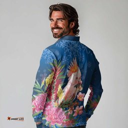 Australia Christmas Pink Cockatoo with Banksia Long Sleeve Polo Shirt Snowy Blue LT7