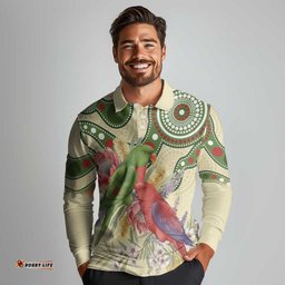 Australia Moluccan Eclectus Long Sleeve Polo Shirt Australian Native Flowers Indigenous Art LT14