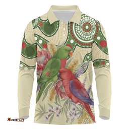 Australia Moluccan Eclectus Long Sleeve Polo Shirt Australian Native Flowers Indigenous Art LT14