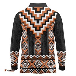 Orange Taniko Pattern Aotearoa Long Sleeve Polo Shirt Niho Taniwha Mix Poutama LT14