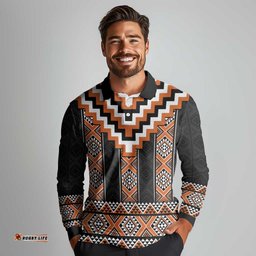 Orange Taniko Pattern Aotearoa Long Sleeve Polo Shirt Niho Taniwha Mix Poutama LT14