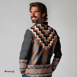 Orange Taniko Pattern Aotearoa Long Sleeve Polo Shirt Niho Taniwha Mix Poutama LT14