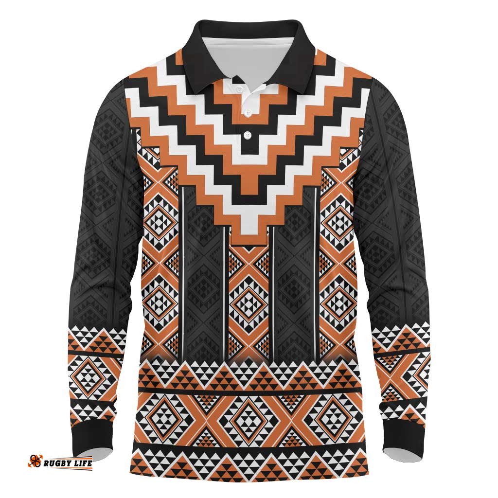 Orange Taniko Pattern Aotearoa Long Sleeve Polo Shirt Niho Taniwha Mix Poutama LT14