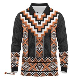 Orange Taniko Pattern Aotearoa Long Sleeve Polo Shirt Niho Taniwha Mix Poutama LT14