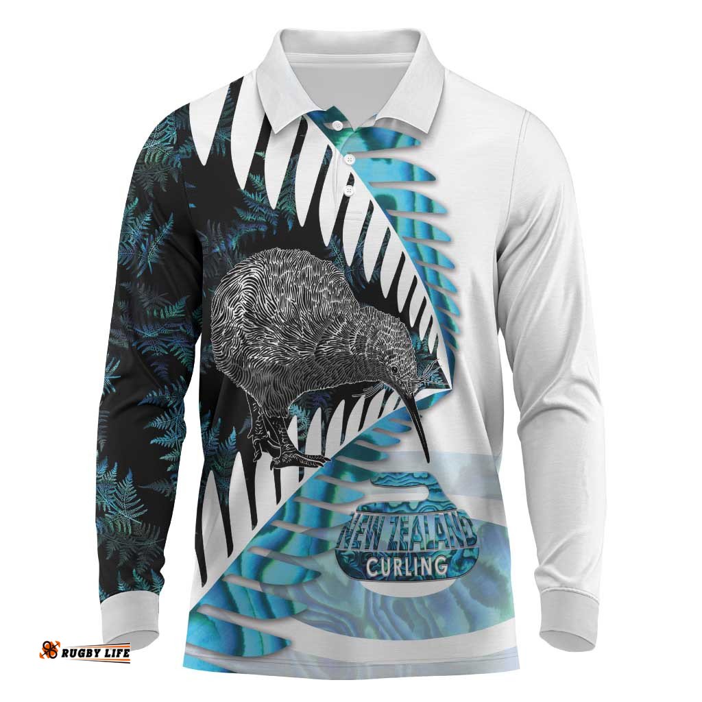 New Zealand Silver Fern Curling Personalised Long Sleeve Polo Shirt Aotearoa Kiwi Ponga Paua Shell Version LT14
