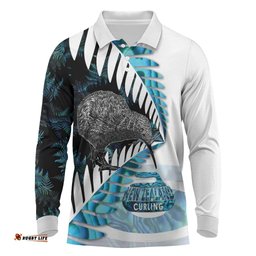 New Zealand Silver Fern Curling Personalised Long Sleeve Polo Shirt Aotearoa Kiwi Ponga Paua Shell Version LT14