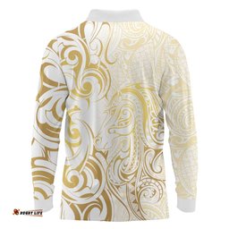 Gold And White Aoteara Horse Racing Long Sleeve Polo Shirt NZ Maori Pattern LT14