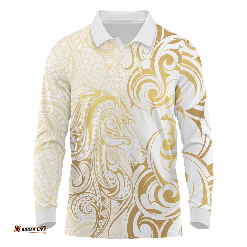 Gold And White Aoteara Horse Racing Long Sleeve Polo Shirt NZ Maori Pattern LT14