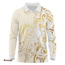 Gold And White Aoteara Horse Racing Long Sleeve Polo Shirt NZ Maori Pattern LT14
