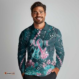 Personalised Hereditary Cancer Awareness Long Sleeve Polo Shirt Hope Ribbon With Aussie Teal Duncan Coral DT05