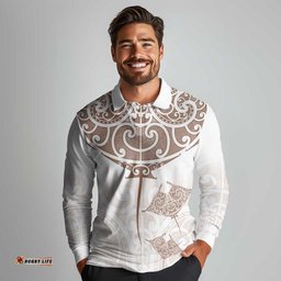 New Zealand Manta Ray Tattoo Long Sleeve Polo Shirt Aotearoa Maori Haehae Beige LT14