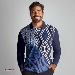 New Zealand Long Sleeve Polo Shirt Aotearoa Kowhaiwhai Mix Taniko Art - Blue LT14