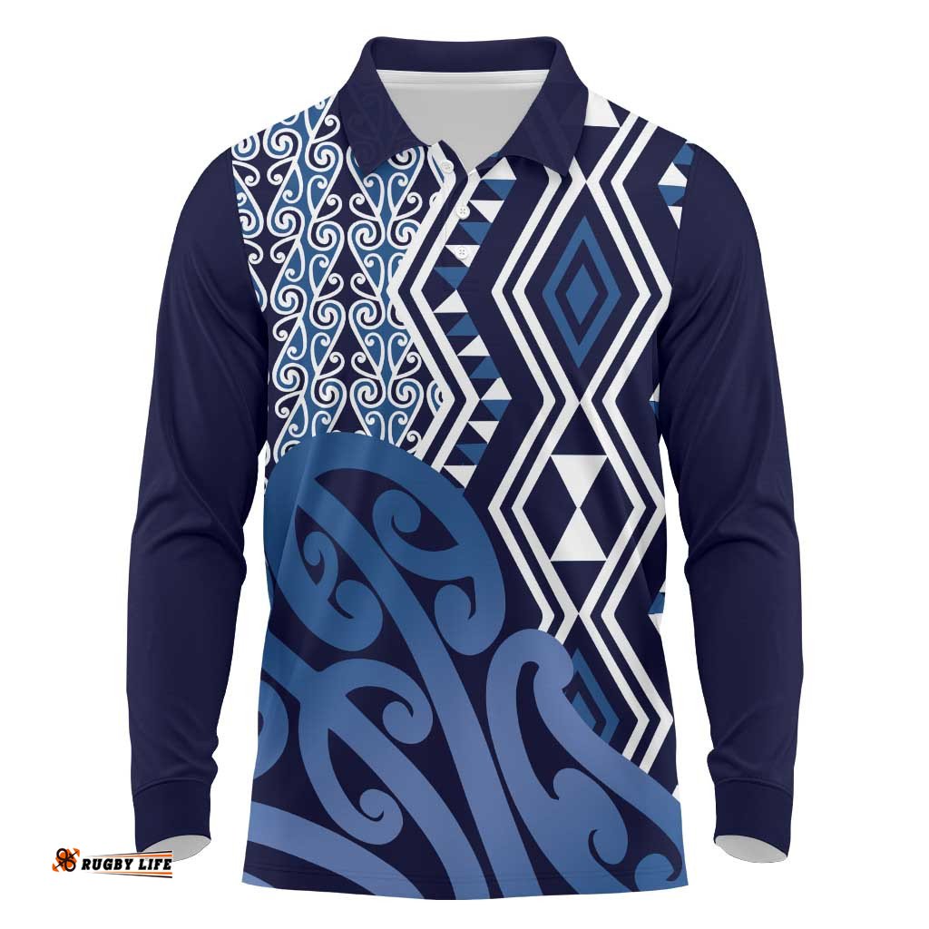 New Zealand Long Sleeve Polo Shirt Aotearoa Kowhaiwhai Mix Taniko Art - Blue LT14