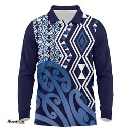 New Zealand Long Sleeve Polo Shirt Aotearoa Kowhaiwhai Mix Taniko Art - Blue LT14