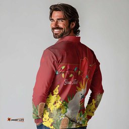 Personalised Australia Sulphur-crested Cockatoo Christmas Long Sleeve Polo Shirt Aussie Native Flowers Merry Xmas LT14