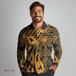 Humpback Whale Matariki New Zealand Long Sleeve Polo Shirt NZ Maori Paikea Poutama Luxury Gold LT14