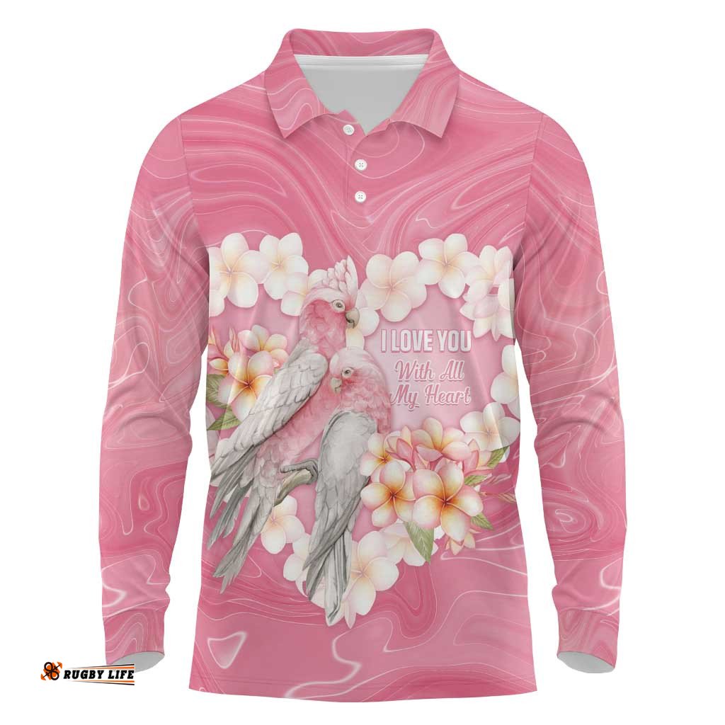 Personalised Pink Galah Australia Valentine's Day Long Sleeve Polo Shirt I Love You With All My Heart LT14