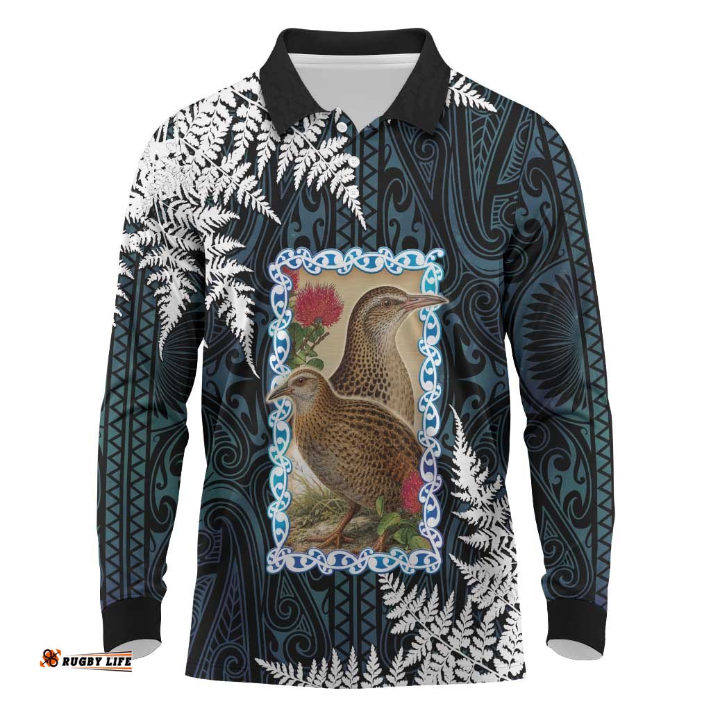 New Zealand Weka Long Sleeve Polo Shirt Maori Hen Koru Pattern LT05