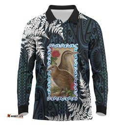 New Zealand Weka Long Sleeve Polo Shirt Maori Hen Koru Pattern LT05