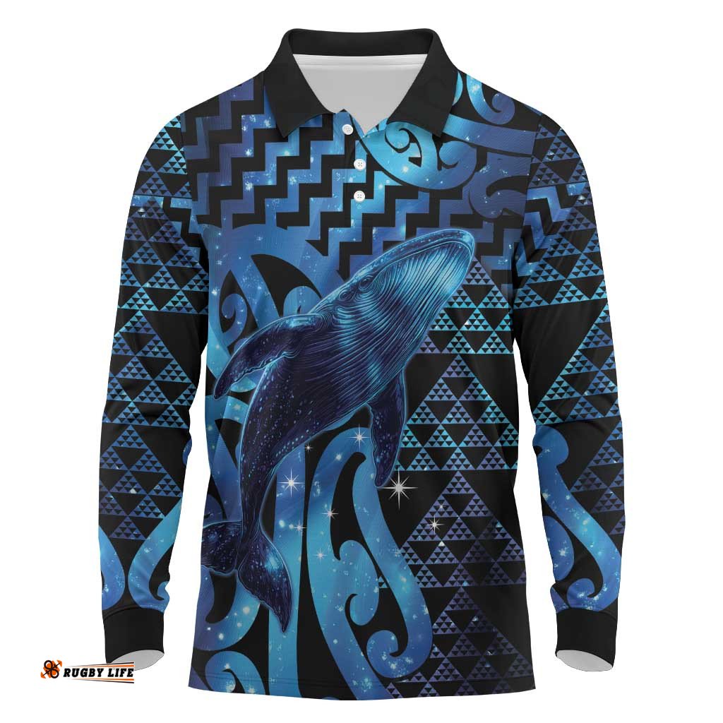 Humpback Whale Matariki New Zealand Long Sleeve Polo Shirt NZ Maori Paikea Poutama Luxury Blue LT14