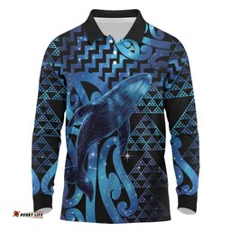 Humpback Whale Matariki New Zealand Long Sleeve Polo Shirt NZ Maori Paikea Poutama Luxury Blue LT14