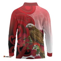 New Zealand Parrot Kaka Long Sleeve Polo Shirt Maori Koru With Pohutukawa Flowers LT05