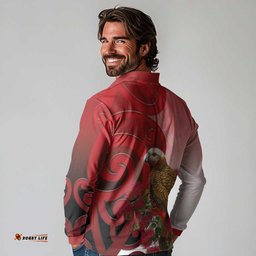New Zealand Parrot Kaka Long Sleeve Polo Shirt Maori Koru With Pohutukawa Flowers LT05