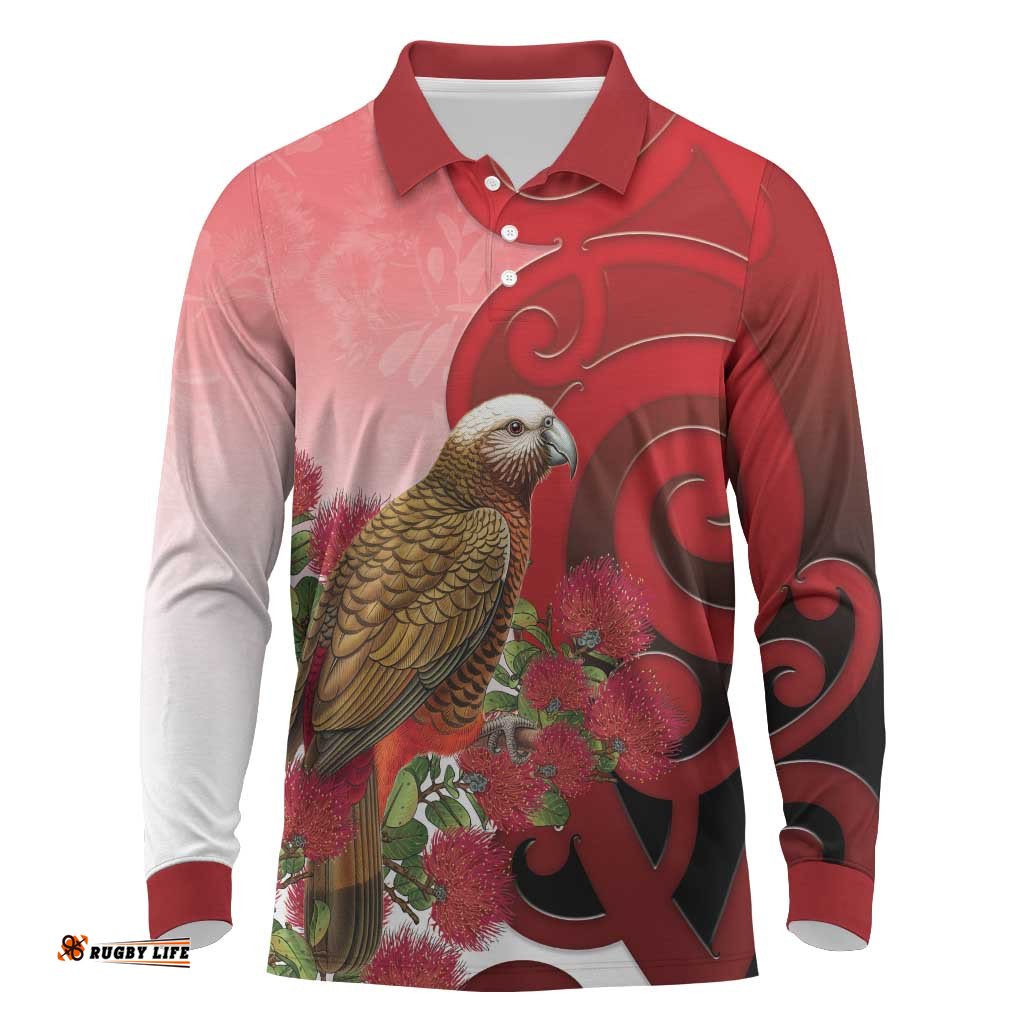 New Zealand Parrot Kaka Long Sleeve Polo Shirt Maori Koru With Pohutukawa Flowers LT05