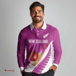 Custom New Zealand Cricket Long Sleeve Polo Shirt Kiwi Birds Haka Dance Pink Fern Sporty Style LT03