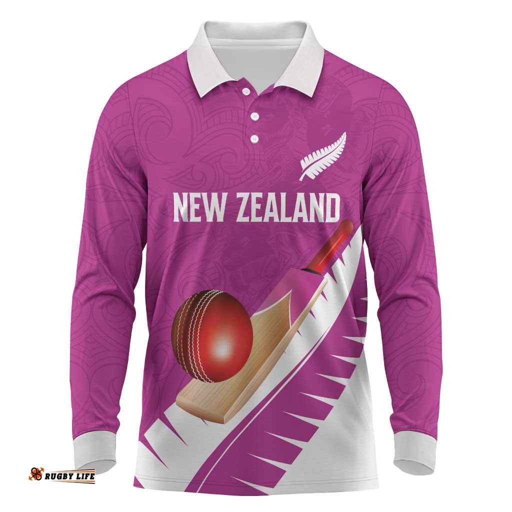 Custom New Zealand Cricket Long Sleeve Polo Shirt Kiwi Birds Haka Dance Pink Fern Sporty Style LT03