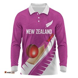 Custom New Zealand Cricket Long Sleeve Polo Shirt Kiwi Birds Haka Dance Pink Fern Sporty Style LT03