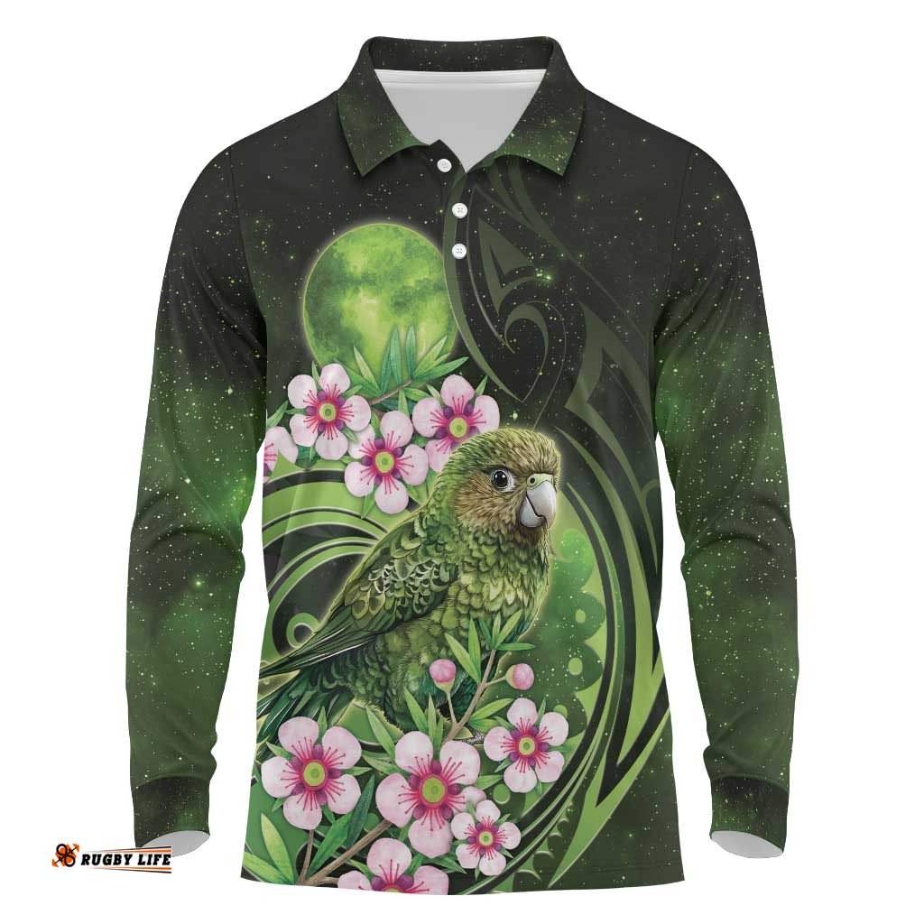 New Zealand Aotearoa Kakapo Long Sleeve Polo Shirt Maori Pattern With Manuka Galaxy Style LT05