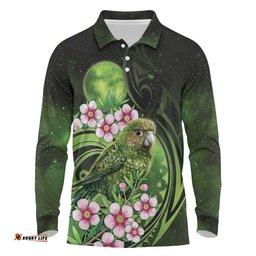 New Zealand Aotearoa Kakapo Long Sleeve Polo Shirt Maori Pattern With Manuka Galaxy Style LT05