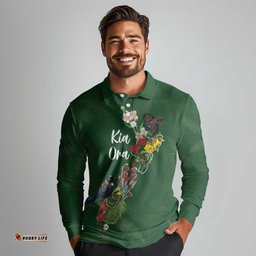 Kia Ora New Zealand Floral Personalized Long Sleeve Polo Shirt Sage Green LT7