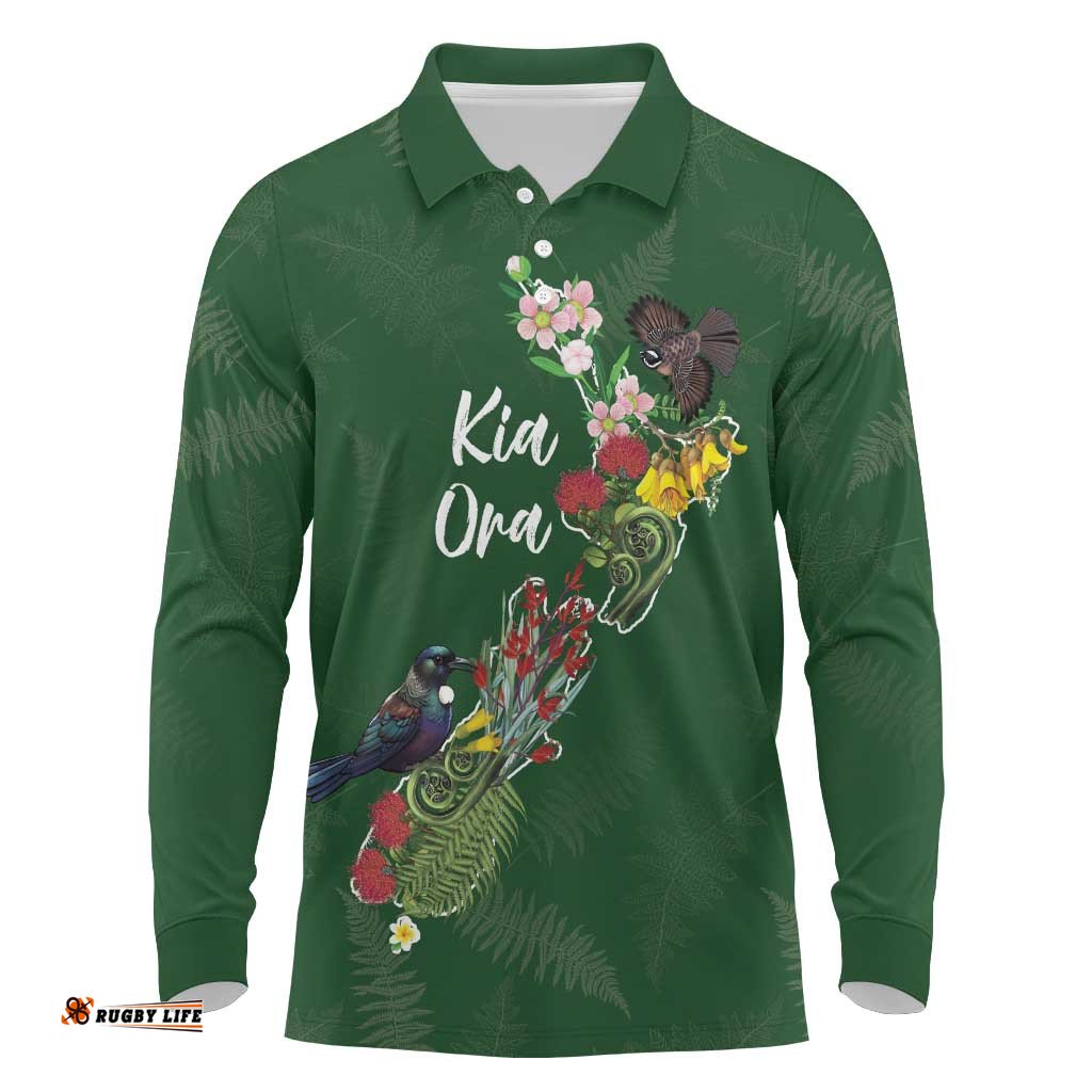 Kia Ora New Zealand Floral Personalized Long Sleeve Polo Shirt Sage Green LT7