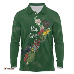 Kia Ora New Zealand Floral Personalized Long Sleeve Polo Shirt Sage Green LT7