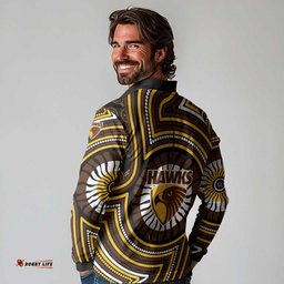 Hawthorn Hawks Long Sleeve Polo Shirt Indigenous Monochrome Dot Art Mascot Style TS04
