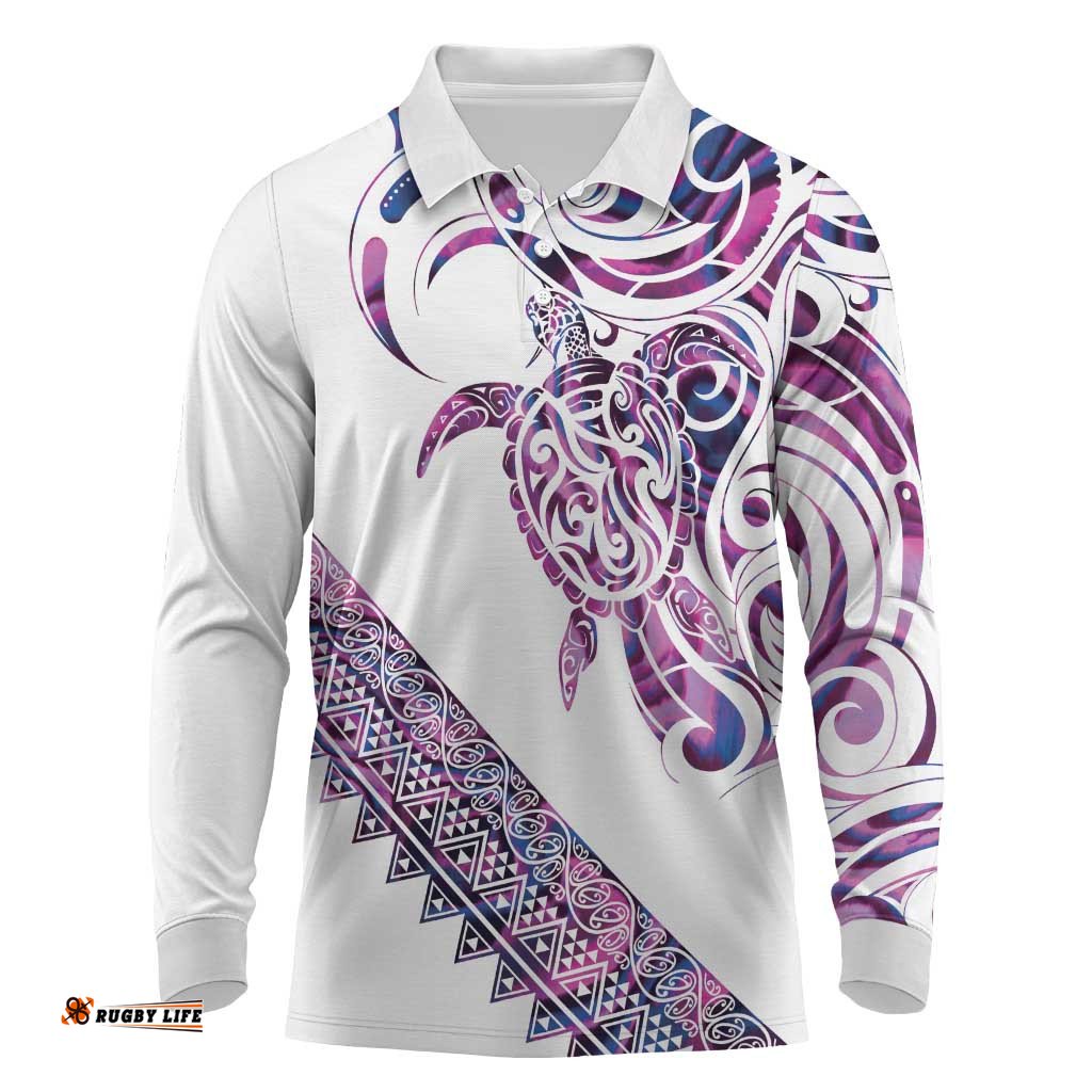 Mawhero Paua shell Kowhaiwhai Taniko Personalised Long Sleeve Polo Shirt Turtle Tattoo Maori Tribal Style LT9
