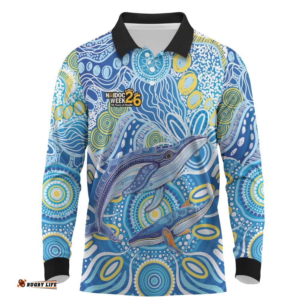 NAIDOC Week 2026 Long Sleeve Polo Shirt Dreaming of Whales Aboriginal Dot Art LT9