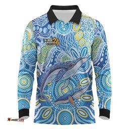 NAIDOC Week 2026 Long Sleeve Polo Shirt Dreaming of Whales Aboriginal Dot Art LT9