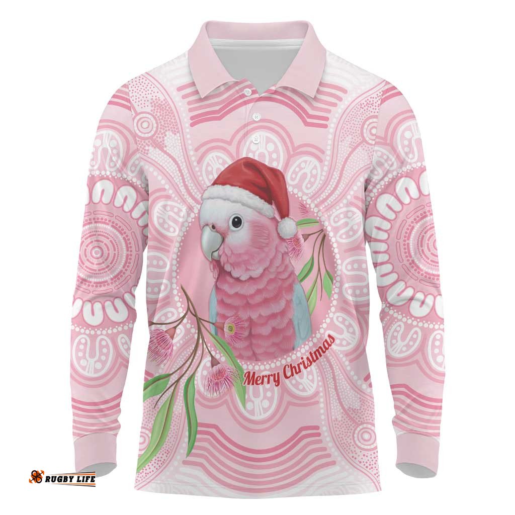 Funny Pink Galah Australia Christmas Long Sleeve Polo Shirt Eucalyptus Blossoms Aboriginal Art LT14