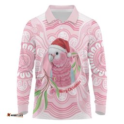 Funny Pink Galah Australia Christmas Long Sleeve Polo Shirt Eucalyptus Blossoms Aboriginal Art LT14