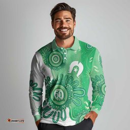 NAIDOC Week 2026 Long Sleeve Polo Shirt 50 Years Deadly Dhari Green Aboriginal Art LT14