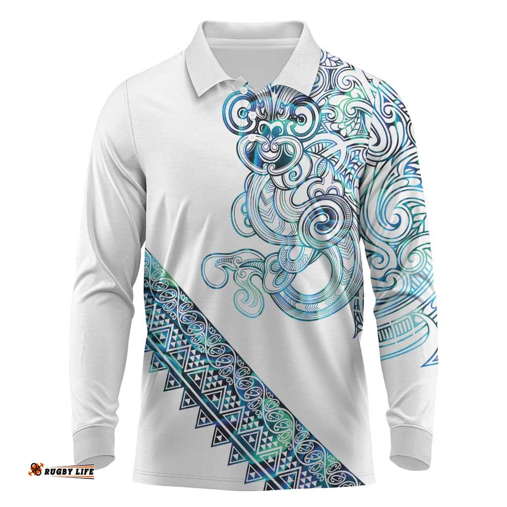Kahui Whetu Paua shell Kowhaiwhai Taniko Personalised Long Sleeve Polo Shirt Taniwha Maori Tribal Style LT9